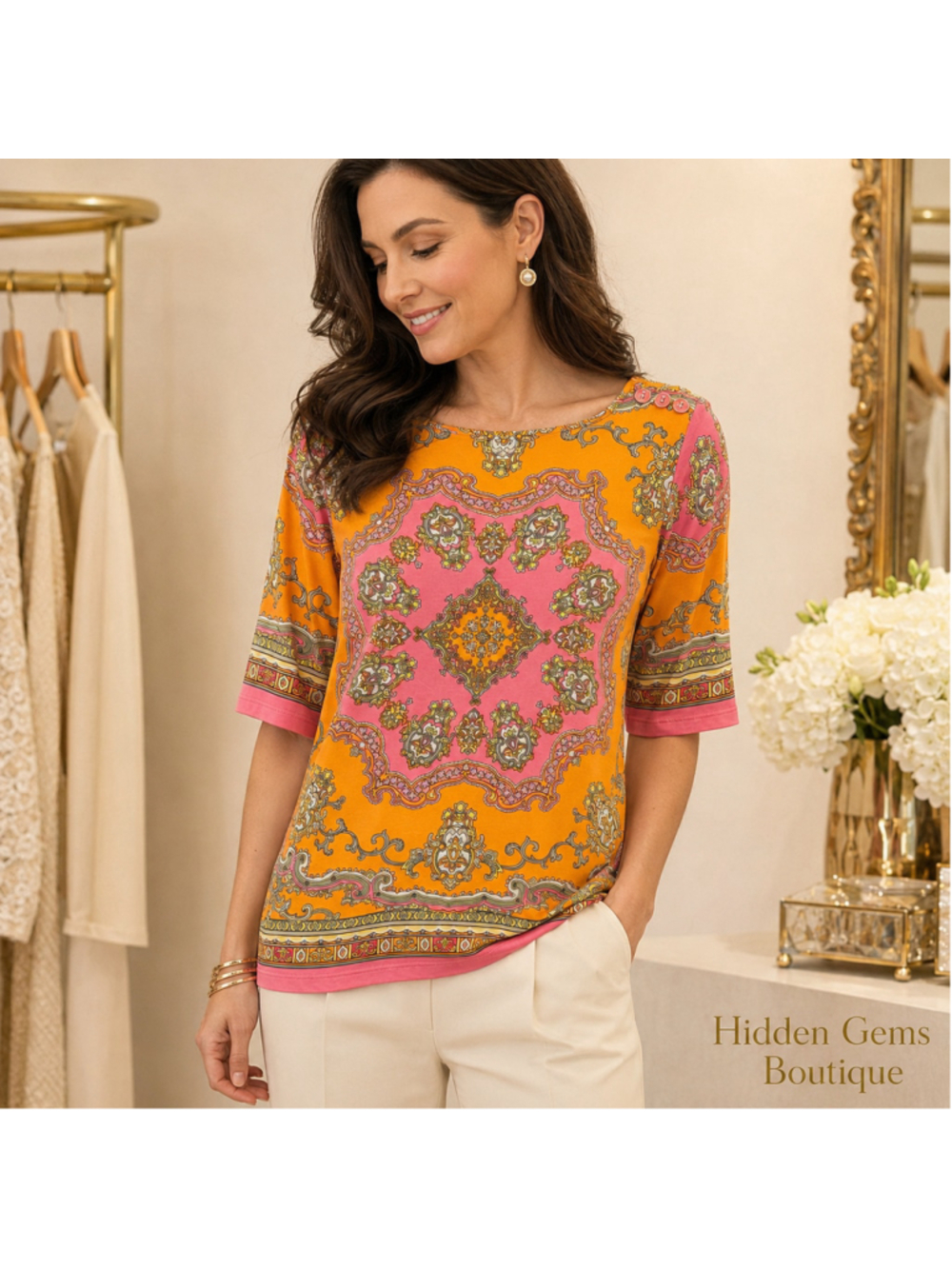 Women's Charter Club Scarf-Print Short Sleeve Top, Medium, Orange & Pink